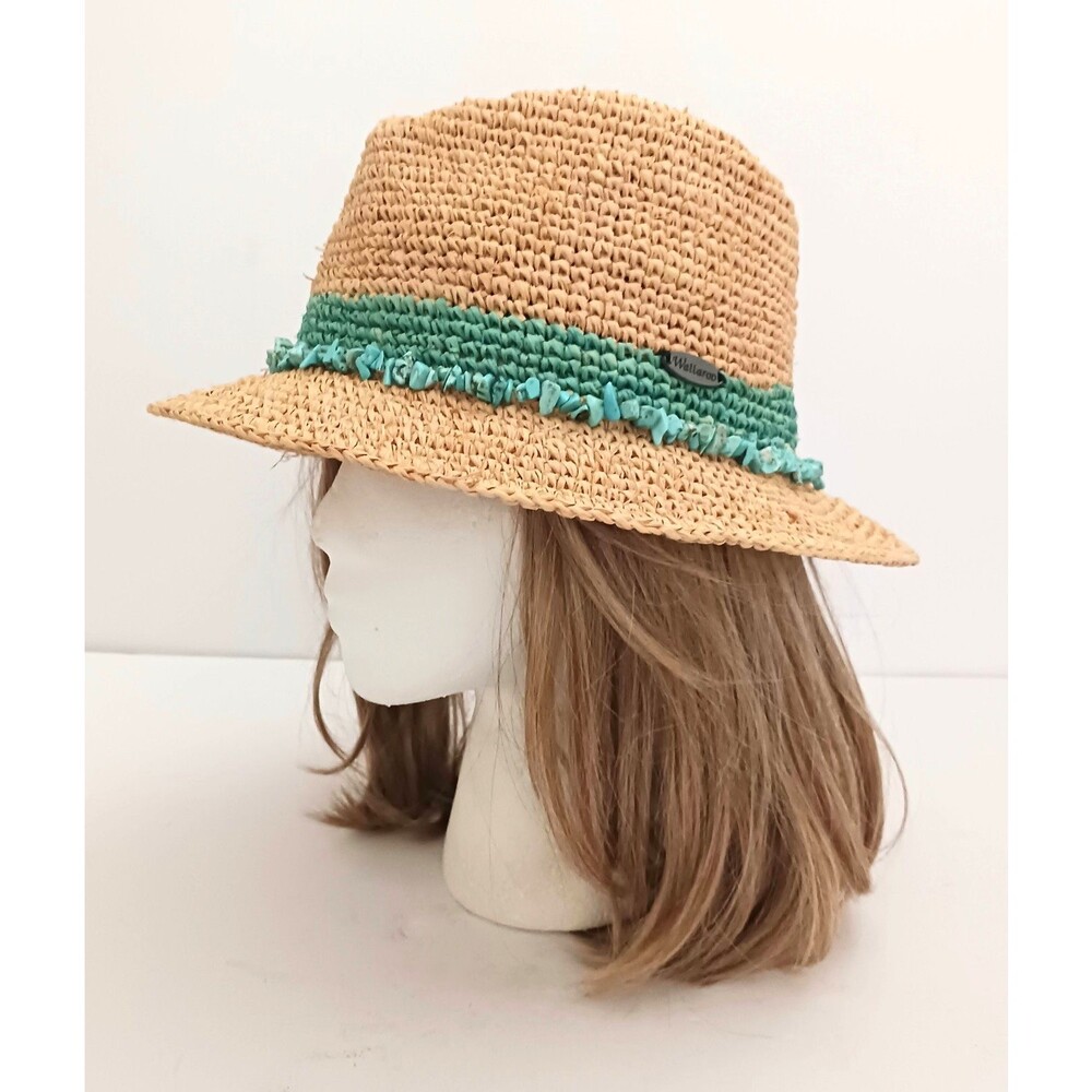 Wallaroo Hat Co Tahiti Fedora 100% Raffia Turquoise Band w Matching Stones O/S